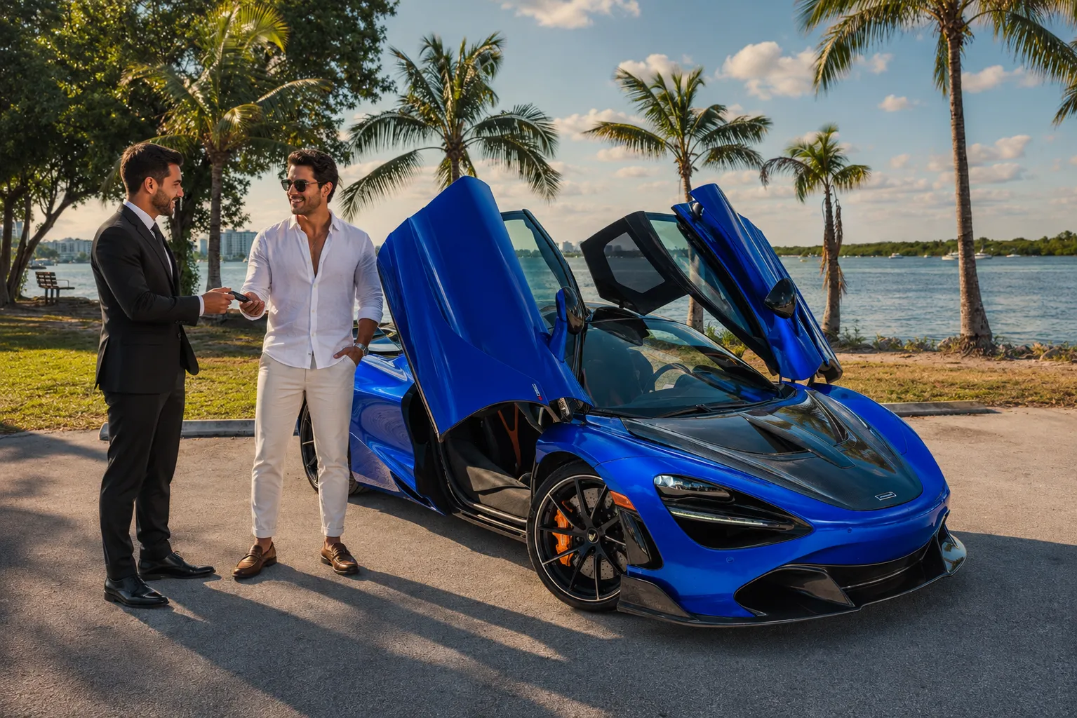 Representante da ElloLux entregando as chaves do veículo a um cliente ao lado de um McLaren azul em Miami
