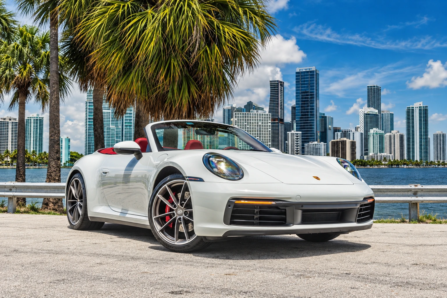 White Porsche 911 Carrera S Cabriolet beside the Miami skyline